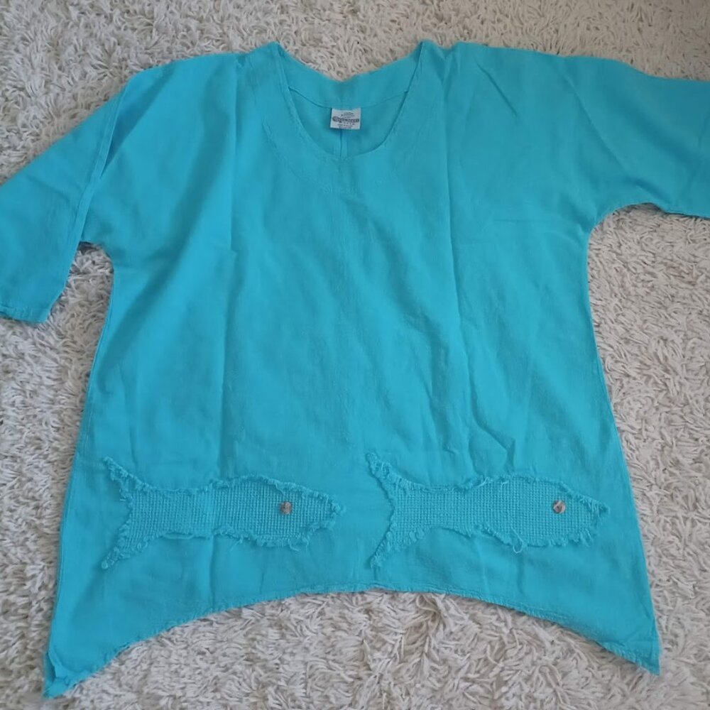 Cottonseed Casual Wear Women’s Turquoise Fish Appliqué Top Sz L / XL 100% Cotton